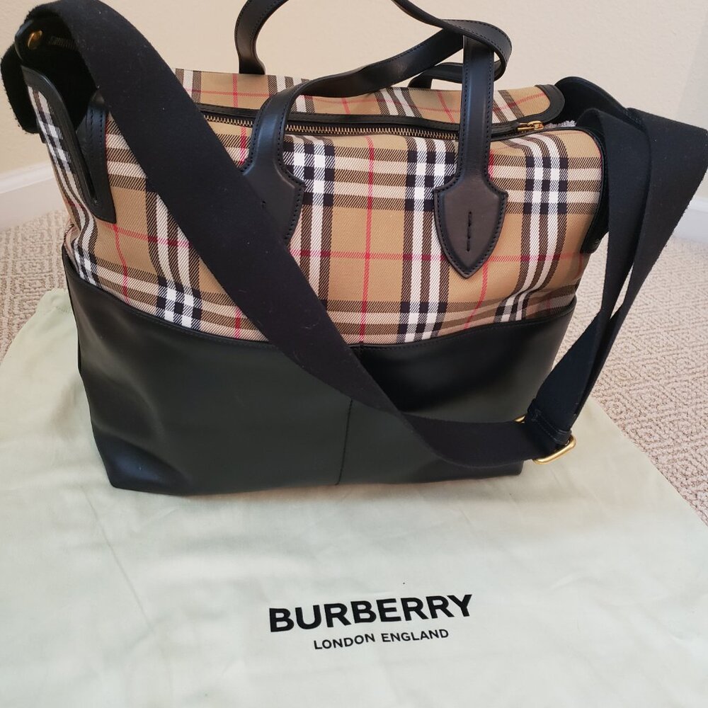 BURBERRY Diaper Tote Bag with Calf Grain Leather & Gold Trim
